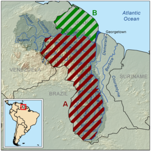 In red: comprising the Guyanese territory between the Essequibo and Cuyuni rivers. In green: comprising the Guyanese territory between the Cuyuni river and the Atlantic Ocean. Both areas are claimed by Venezuela. Picture taken from Wikipedia under Creative Commons license CC BY-SA 3.0